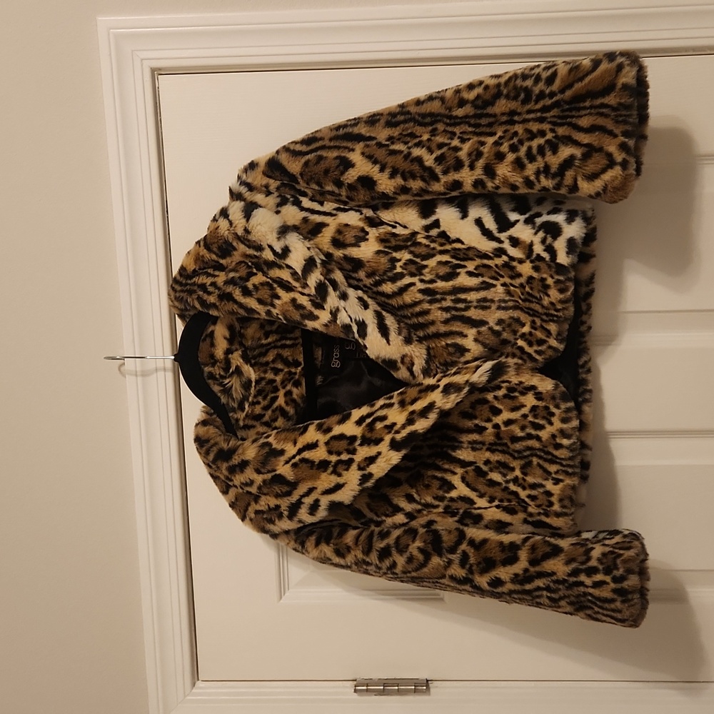 Grass Collection Women's xs Leopard Animal Print Faux Fur Cropped Coat